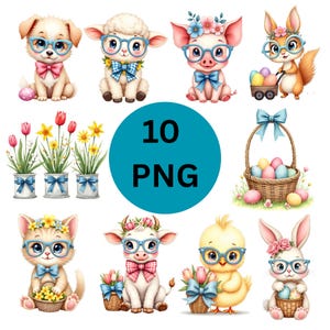 Paquete PNG de animales de Pascua / Animales primaverales de acuarela caprichosos con gafas azules patinadas / Lazos coquetos, huevos de Pascua, flores / Imprimible