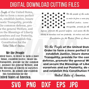 May include: Digital download cutting files for a black and white illustration of the Preamble to the United States Constitution. The text reads "We the People of the United States, in Order to form a more perfect Union, establish Justice, insure domestic Tranquility, provide for the common defence, promote the general Welfare, and secure the Blessings of Liberty to ourselves and our Posterity, do ordain and establish this Constitution for the United States of America."