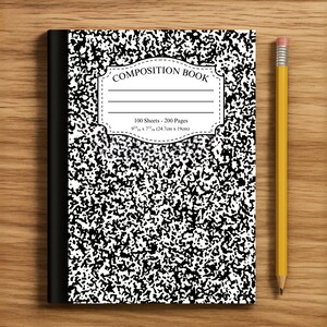 May include: A composition book with a black and white speckled cover, a white label that reads "COMPOSITION BOOK", and a yellow pencil with a pink eraser. The notebook measures 9" x 7" (24.7cm x 19cm).