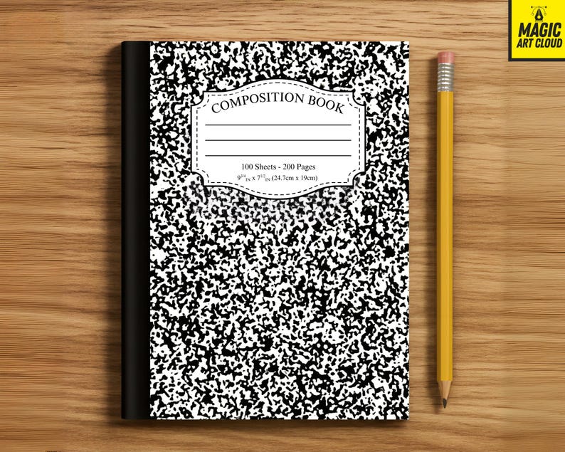 May include: A composition book with a black and white speckled cover, a white label that reads "COMPOSITION BOOK", and a yellow pencil with a pink eraser. The notebook measures 9" x 7" (24.7cm x 19cm).