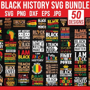 Peut inclure: Un lot de 50 designs SVG pour le Mois de l'histoire des Noirs à télécharger numériquement. Les designs présentent une variété de slogans et de graphiques textuels, notamment "Mois de l'histoire des Noirs", "Je suis l'histoire noire", "Les vies noires comptent" et "Noir est beau".