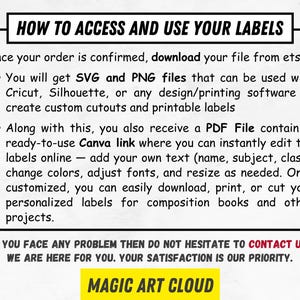 May include: A black and white graphic with the text "HOW TO ACCESS AND USE YOUR LABELS". Instructions are provided for downloading files, using SVG and PNG files, and editing labels with a Canva link. The bottom of the graphic says "MAGIC ART CLOUD".
