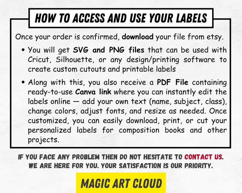 May include: A black and white graphic with the text "HOW TO ACCESS AND USE YOUR LABELS". Instructions are provided for downloading files, using SVG and PNG files, and editing labels with a Canva link. The bottom of the graphic says "MAGIC ART CLOUD".