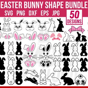 Könnte beinhalten: Ein Set mit 50 schwarzen und weißen Osterhasenformen in verschiedenen Posen, darunter stehend, sitzend und hüpfend. Die Formen sind perfekt für Basteln, Scrapbooking und andere kreative Projekte.