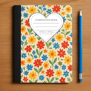 May include: A composition book with a floral pattern featuring red, yellow, and blue flowers on a cream background. The cover includes a heart-shaped label with the text "COMPOSITION BOOK". A blue pencil rests beside the book. The book measures 4" x 7" (12.4cm x 19cm).