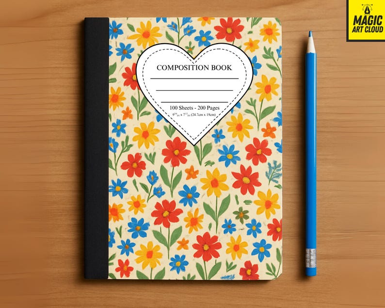 May include: A composition book with a floral pattern featuring red, yellow, and blue flowers on a cream background. The cover includes a heart-shaped label with the text "COMPOSITION BOOK". A blue pencil rests beside the book. The book measures 4" x 7" (12.4cm x 19cm).