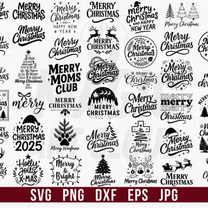 Puede incluir: Una colección de diseños navideños en blanco y negro. La imagen presenta varios gráficos basados en texto con frases como "Merry Christmas", junto con elementos festivos como árboles de Navidad, renos y copos de nieve. Formatos: SVG, PNG, DXF, EPS, JPG.