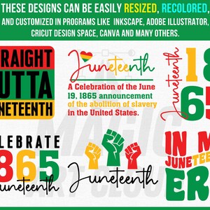 May include: A collection of Juneteenth-themed digital designs in red, yellow, green, and black. Text includes "Straight Outta Juneteenth," "Celebrate 1865 Juneteenth," and "In My Juneteenth Era." The designs are customizable in various programs.