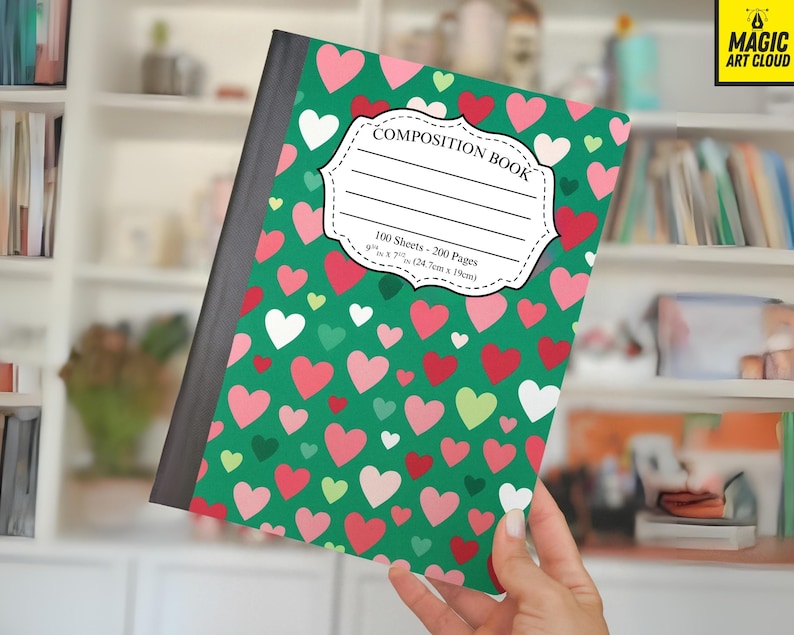 May include: A composition book with a green cover patterned with red, pink, white, and green hearts. The cover features a white label that reads "COMPOSITION BOOK". The book measures 9.75 x 7.5 inches (24.7cm x 19cm) and contains 100 sheets.