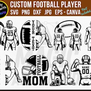 Puede incluir: Gr&aacute;ficos vectoriales en blanco y negro de jugadores de f&uacute;tbol americano y balones. El texto incluye "CUSTOM FOOTBALL PLAYER", "SVG PNG DXF JPG EPS - CANVA", y "Easily Edit with Canva".