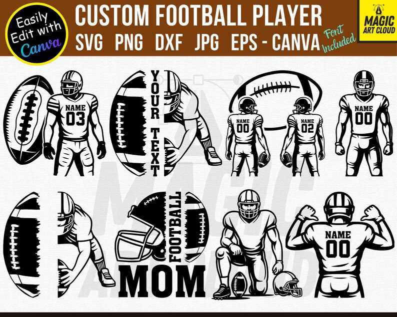 Puede incluir: Gr&aacute;ficos vectoriales en blanco y negro de jugadores de f&uacute;tbol americano y balones. El texto incluye "CUSTOM FOOTBALL PLAYER", "SVG PNG DXF JPG EPS - CANVA", y "Easily Edit with Canva".