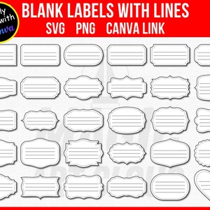 May include: A collection of blank labels with lines in various shapes, including rectangles, ovals, and heart shapes. The labels are white with black outlines and internal lines for writing. Text at the top reads "BLANK LABELS WITH LINES" and "Easily Edit with Canva".