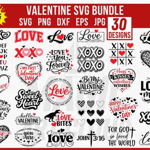 Puede incluir: Un paquete SVG de San Valentín con 30 diseños. Los diseños incluyen las palabras "Love", "XOXO" y "Valentine's Day" en varias fuentes y estilos. También hay gráficos de corazón y el texto "Love Bites".