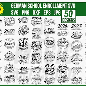 May include: A digital collection of 50 black and white graphic designs for German school enrollment, featuring various typography, school-themed icons like pencils, backpacks, and cones, and phrases such as Endlich Schulkind and Erste Klasse.