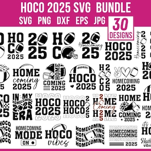 Könnte beinhalten: Ein digitales Design-Bundle mit 30 HOCO 2025 Designs in SVG, PNG, DXF, EPS und JPG Formaten. Die Designs beinhalten Fußbälle, Helme und Textelemente zum Thema Homecoming.