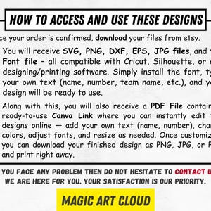Puede incluir: Gr&aacute;fico en blanco y negro con el texto "HOW TO ACCESS AND USE THESE DESIGNS". Detalla c&oacute;mo descargar y utilizar archivos de dise&ntilde;o, incluidos los formatos SVG, PNG y JPG, y un enlace de Canva para la edici&oacute;n en l&iacute;nea. La parte inferior del gr&aacute;fico dice "MAGIC ART CLOUD".