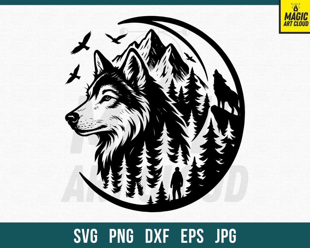 Timberwolf Dxf File Wolf Scene Svg, Howling Wolf Clipart, Mountain Scene Cut File, Forest ...