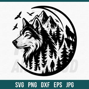May include: Black and white silhouette of a wolf howling at the moon, surrounded by trees and mountains. The image is in a circle shape.