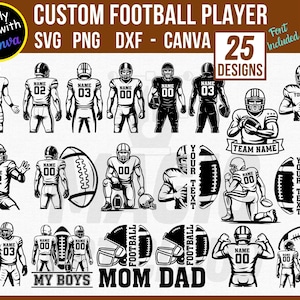 Puede incluir: Una colecci&oacute;n de 25 dise&ntilde;os personalizados de jugadores de f&uacute;tbol americano en formatos SVG, PNG y DXF. Los dise&ntilde;os muestran jugadores de f&uacute;tbol americano en varias poses, con opciones de personalizaci&oacute;n. Incluye texto como "Custom Football Player" y "My Boys Mom Dad".