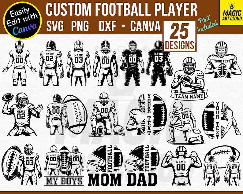 Puede incluir: Una colecci&oacute;n de 25 dise&ntilde;os personalizados de jugadores de f&uacute;tbol americano en formatos SVG, PNG y DXF. Los dise&ntilde;os muestran jugadores de f&uacute;tbol americano en varias poses, con opciones de personalizaci&oacute;n. Incluye texto como "Custom Football Player" y "My Boys Mom Dad".