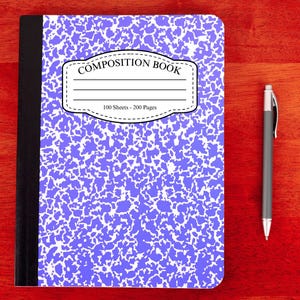 May include: A composition book with a blue and white speckled cover, a black spine, and the words "COMPOSITION BOOK" on the front. A silver and black pen rests beside the notebook on a red-orange surface. The notebook has 100 sheets and 200 pages.