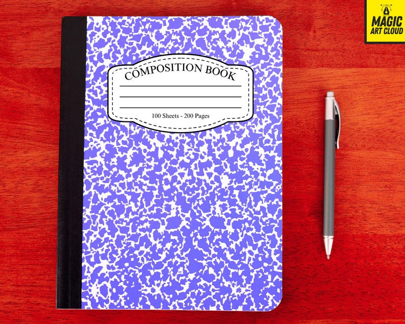 May include: A composition book with a blue and white speckled cover, a black spine, and the words "COMPOSITION BOOK" on the front. A silver and black pen rests beside the notebook on a red-orange surface. The notebook has 100 sheets and 200 pages.