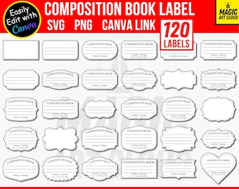 30 Composition Book Label Svg Bundle, Composition Notebook Labels, Composition Book Svg, Notebook cover print,Teacher Gift,Notebook Template