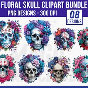 Floral Skull Sublimation Clipart Bundle, Skull Clipart, Floral clipart, Skull PNG Designs, Transparent PNG, Digital Download, 300 DPI Png