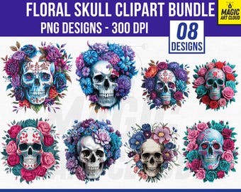 Floral tête de mort Sublimation Clipart Bundle, Clipart tête de mort, clipart floral, tête de mort PNG Designs, PNG Transparent, téléchargement numérique, 300 DPI Png