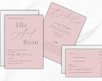 Minimalist Calligraphy Elegant Dusty/Blush Pink wedding invitation set.