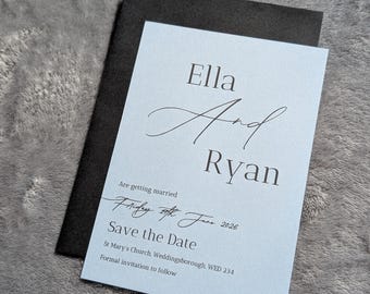 Minimalist Elegant Calligraphy Dusty Blue Save the Date Card - Personalised Wedding Announcements