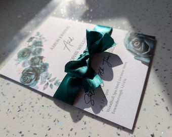 Floral Emerald Green wedding invitation set.