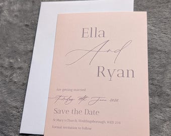 Minimalist Elegant calligraphy Dusty Pink Save the Date Card - Personalised Wedding Announcements