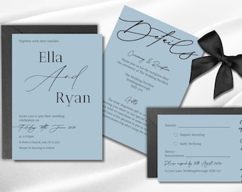 Minimalist Calligraphy Dusty Blue Wedding Invitation Set