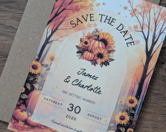 Autumnal Save the Date Card - Pumpkin/Sunflowers Personalised Wedding Announcements