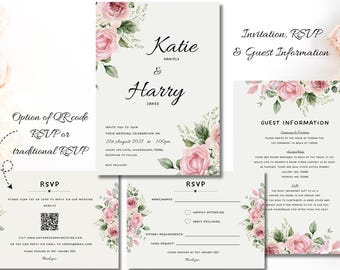 Dusky light pink rose wedding invitation set.