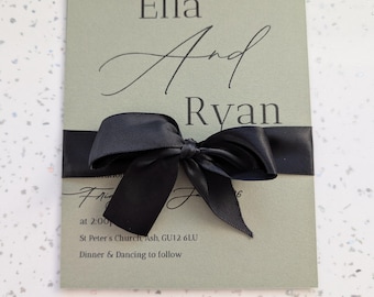 Minimalist Elegant calligraphy Sage Green wedding invitation set.
