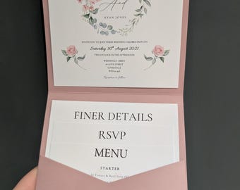Dusky Pink Rose Wedding Invitation: Elegant Floral Pocketfold