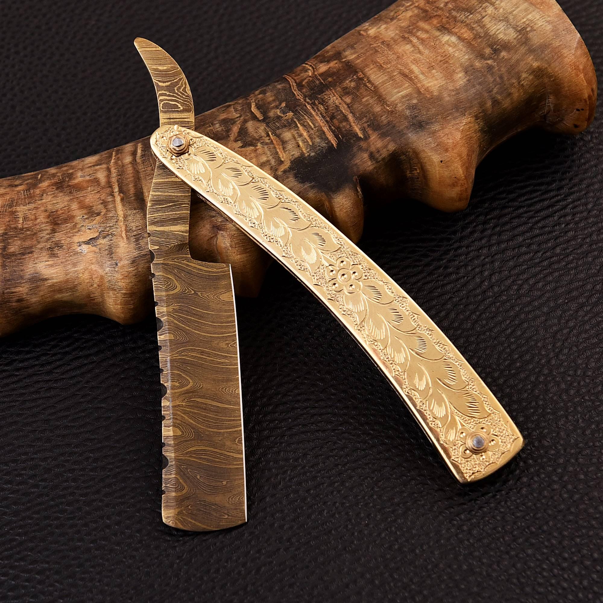 Heritage Shave Set - Damascus Straight Razor & Silken Brush - King's Edge - Brass Damascus Razor with Luxury Shaving Brush