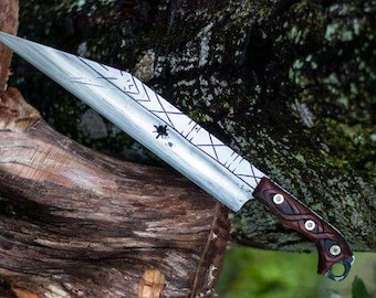 Autentisk Viking Seax – Etsat mönsterstålblad med snidat trähandtag | Nordisk saxofonkniv
