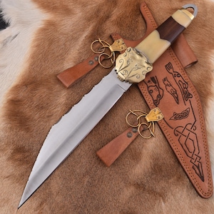 17” Handmade Viking Seax – Damascus Steel Sax with Brass Shod & Scabbard
