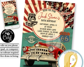 Printable Vintage Car Invitation / Car Birthday Party Invitation / Hot Rod Invite / Retro Car / Editable Template Printed or Printable 047