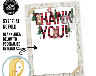 Printable Woodland Animals Thank You Card / Watercolor Flannel Card / Buffalo Plaid Cards / Baby Shower Birthday Party Instant Download 004