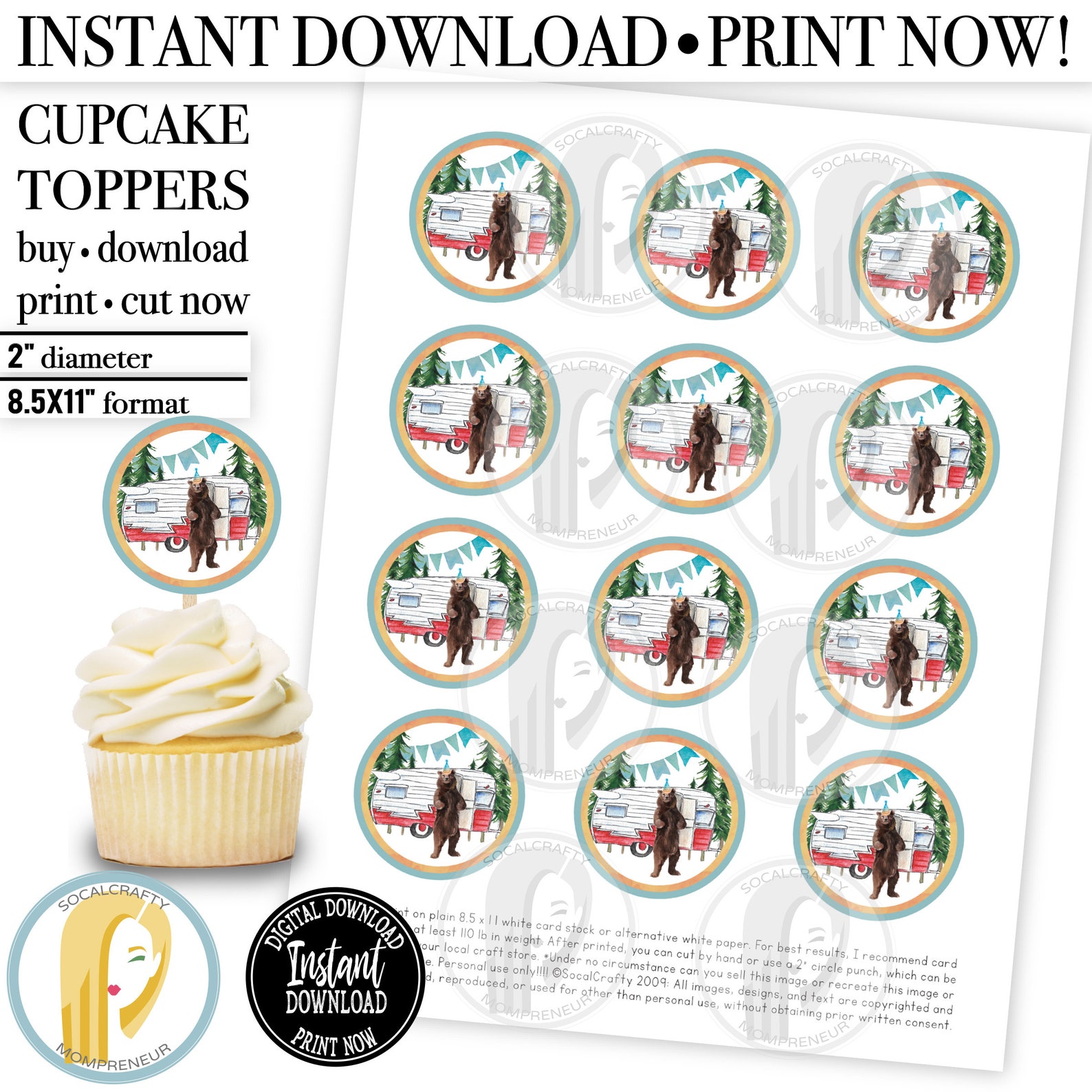 Printable Camping Cupcake Toppers / Vintage Trailer Cupcake - Etsy