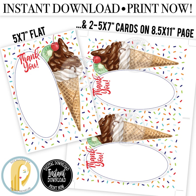 Printable Ice Cream Thank You Card / Ice Cream Cone Thank You Etsy