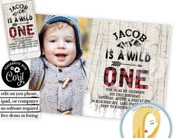 Lumberjack 1st Birthday Party Invitation / Wild One Invitation / First Birthday / Plaid / Editable Corjl Invite / Printed or Printable 008