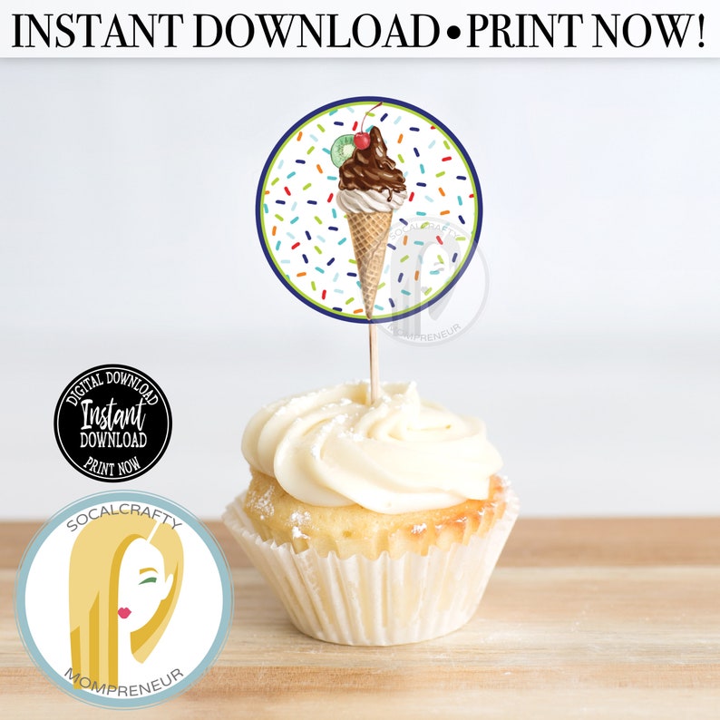 Ice Cream Cupcake Toppers / Ice Cream Party Cupcake Topper / Etsy