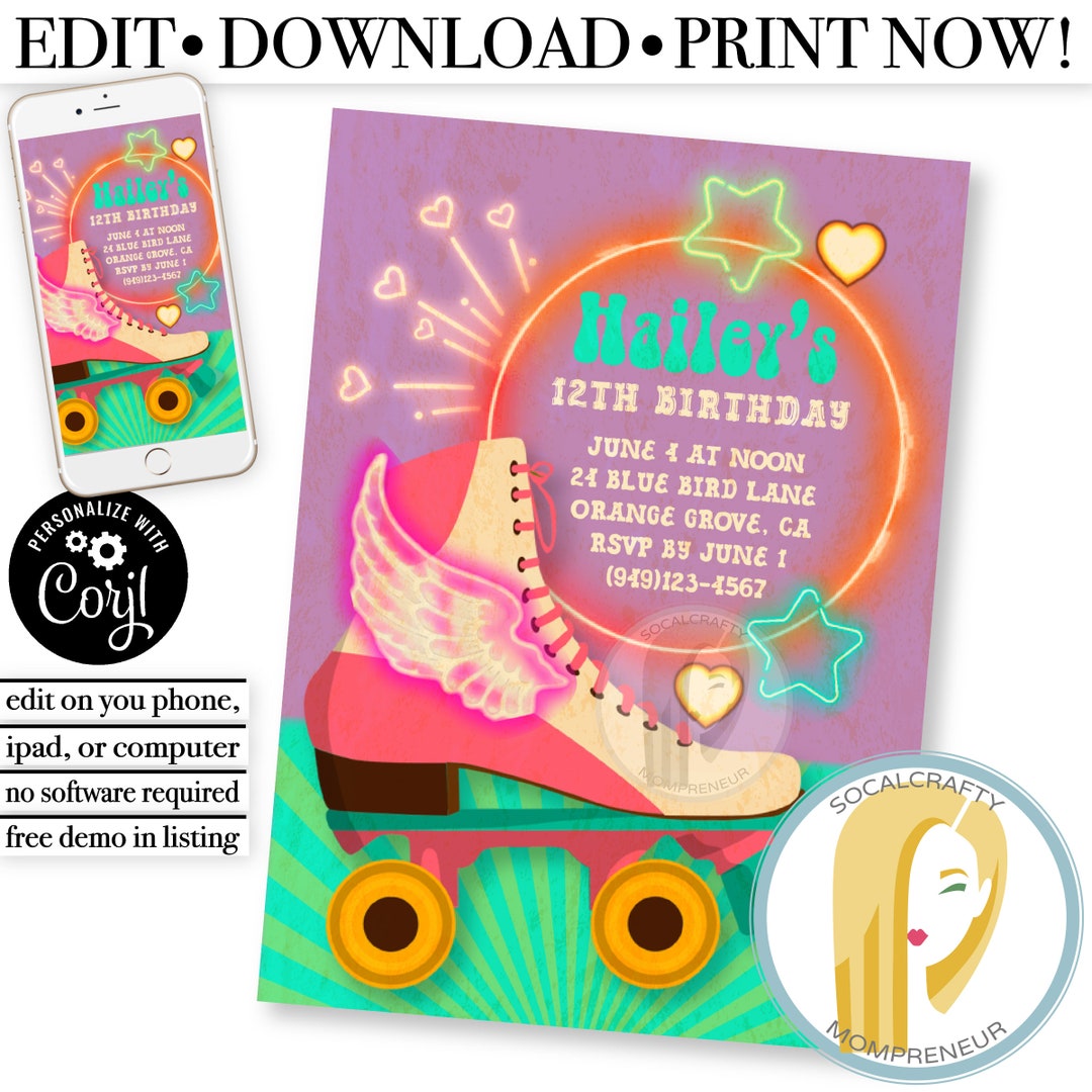 Printable Neon Roller Skating Birthday Party Invitation / Roller Skates Invite / Roller Skating ...
