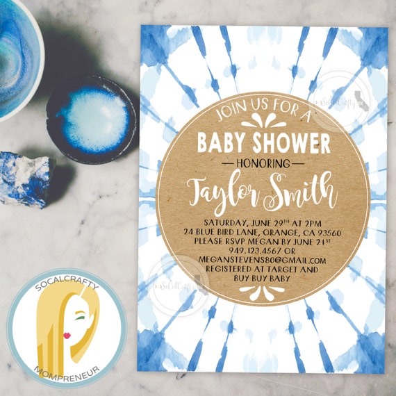 Bohemian Baby Shower Invitation Boho Invite Boy Tie Dye Indigo Blue Kraft Paper Watercolor Diy Printed Or Printable Invitations