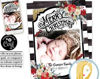 Editable Photo Christmas Card / Watercolor Floral Photo Card / Corjl Christmas Cards / Stripes / Instant Download / Printed or Printable 107